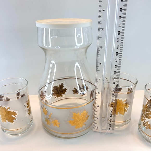 Vintage Libbey 3 Juice Glasses Gold Maple Leaf Frosted Lidded Kraft Pitcher MCM - Picture 6 of 12